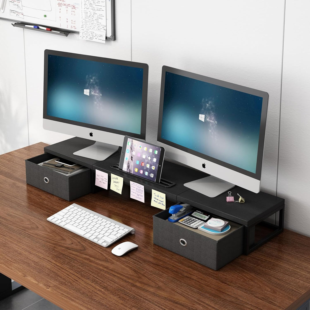 Dual Monitor Stand Riser mit 2 Schubladen - 100CM grosse Lagerung Computer Monitorständer für 2 Moni