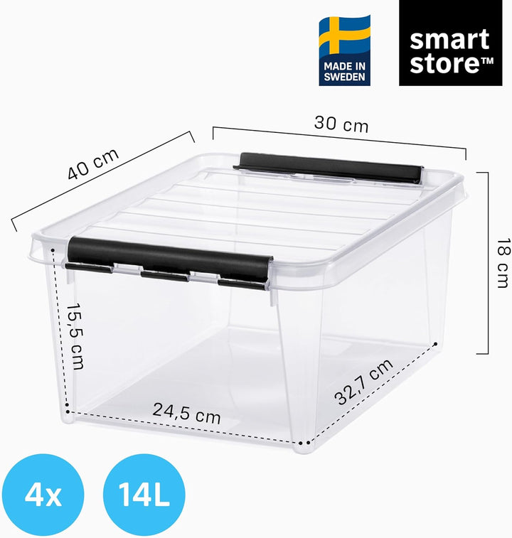 SmartStore ﻿aufbewahrungsbox mit deckel, 14 l, 4er-Pack, verstärkt, gross, transparent, für Lebensmi