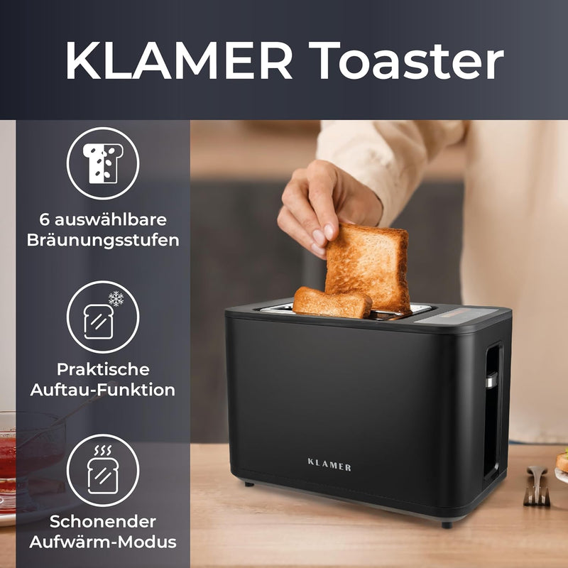 KLAMER Toaster, Toaster mit Brötchenaufsatz, hochwertiger 2 Scheiben-Toaster, 6 Bräunungsgrade, Touc