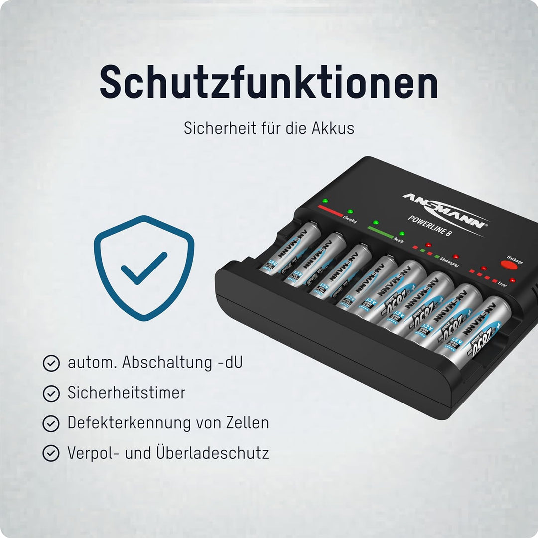 ANSMANN Akku-Ladegerät zum Laden & Entladen von 8X AA/AAA NiMH Akkus - 8-Fach Batterieladegerät mit