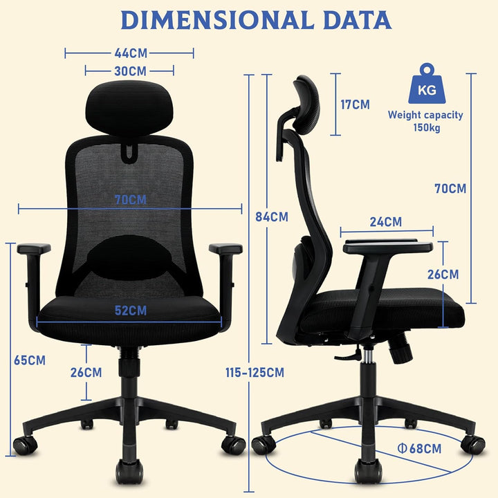 Milacyee Bürostuhl, Bürostuhl Ergonomisch, Schreibtischstuhl mit Kopfstütze, Armlehnen, Lendenwirbel