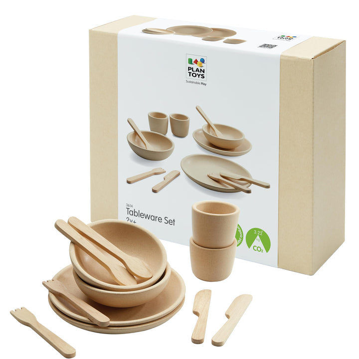 PlanToys Geschirr-Set - Kinderküche Zubehör - Geschirrset aus Holz - Holzspielzeuge 2 Jahre - Set Te