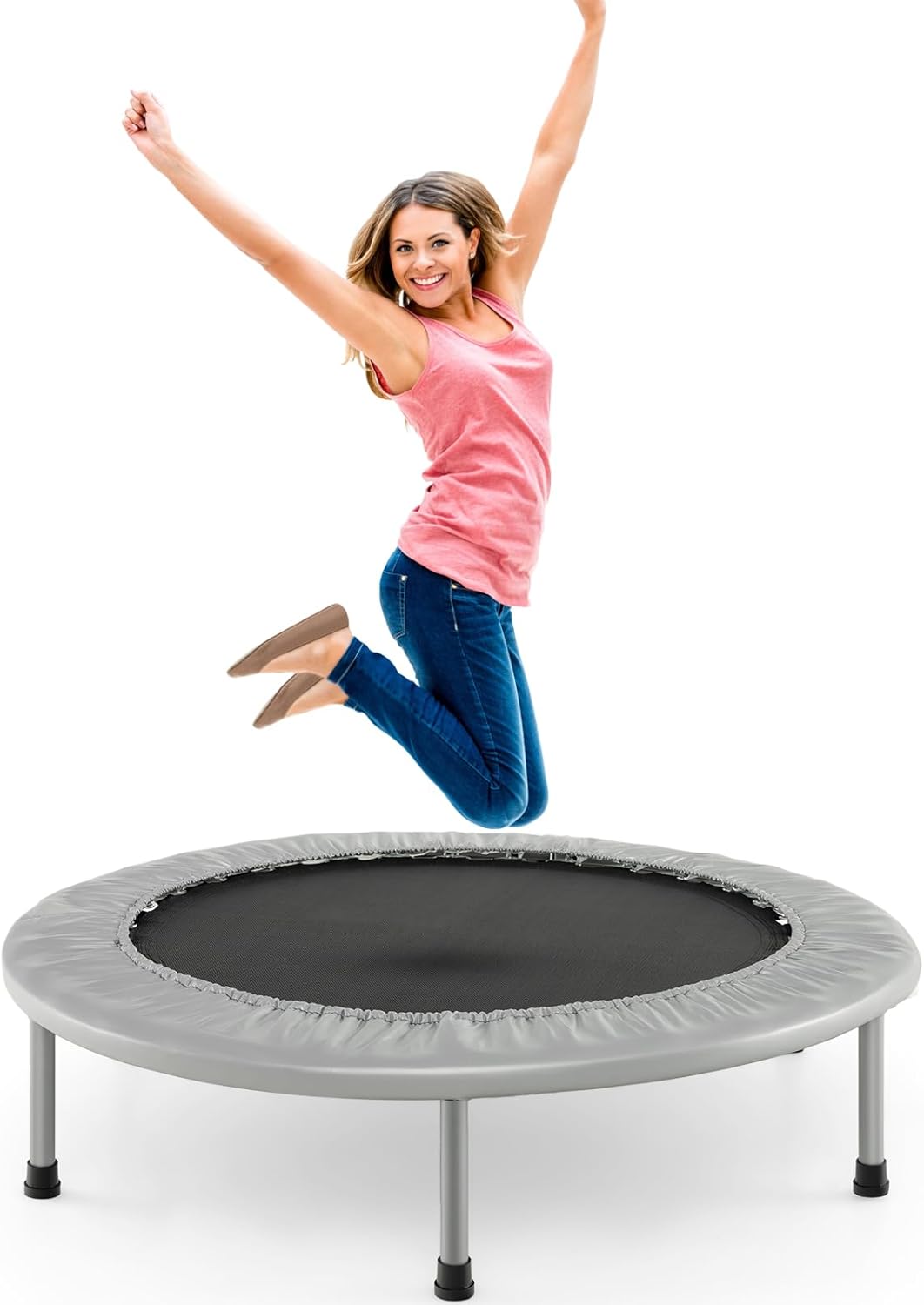 GYMAX Ø97 cm Mini Trampolin klappbar, Fitness Trampolin für Erwachsene & Kinder, Gartentrampolin bis