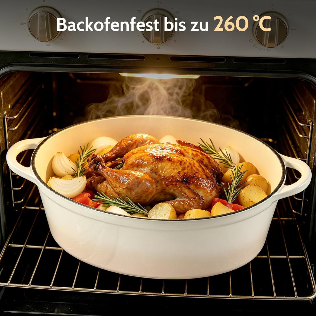 Gusseisen Bräter mit Deckel, Oval Gusseisen Topf 6.6L, Emaille Topf Gross Backofengeeignet, Schmorto