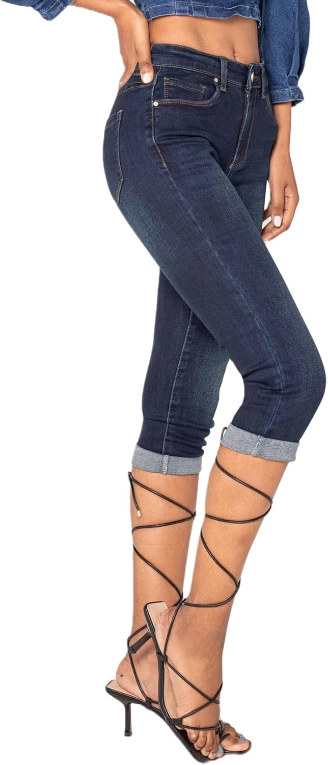 P132 Damen Capri Skinny Fit Jeanshosen HIGH Waist Jeans Used-Look Waschungseffekt, Dunkelblau (P132-