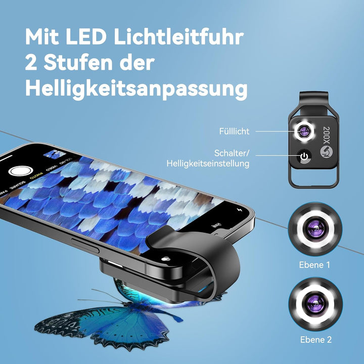 200 x Telefonmikroskop für Kinder Mini-Mikroskop mit CPL 2 Helligkeitsmodi Keine App erforderlich fü