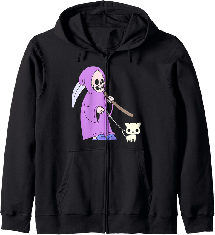 Kawaii Sensenmann Pastell Gothic Ästhetik Grim mit Hausschuhen Katze Kapuzenjacke