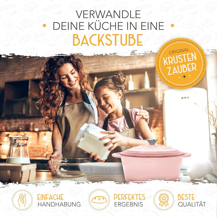 KRUSTENZAUBER Gusseisen Topf Brot backen emailliert inkl. Gärkorb - 26cm Emaille-Topf samt Zubehör -