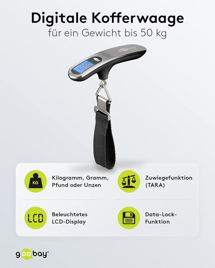 Goobay 71883 Digitale Kofferwaage Gepäckwaage mit heller LCD-Anzeige und Tara-Funktion für Gepäck bi
