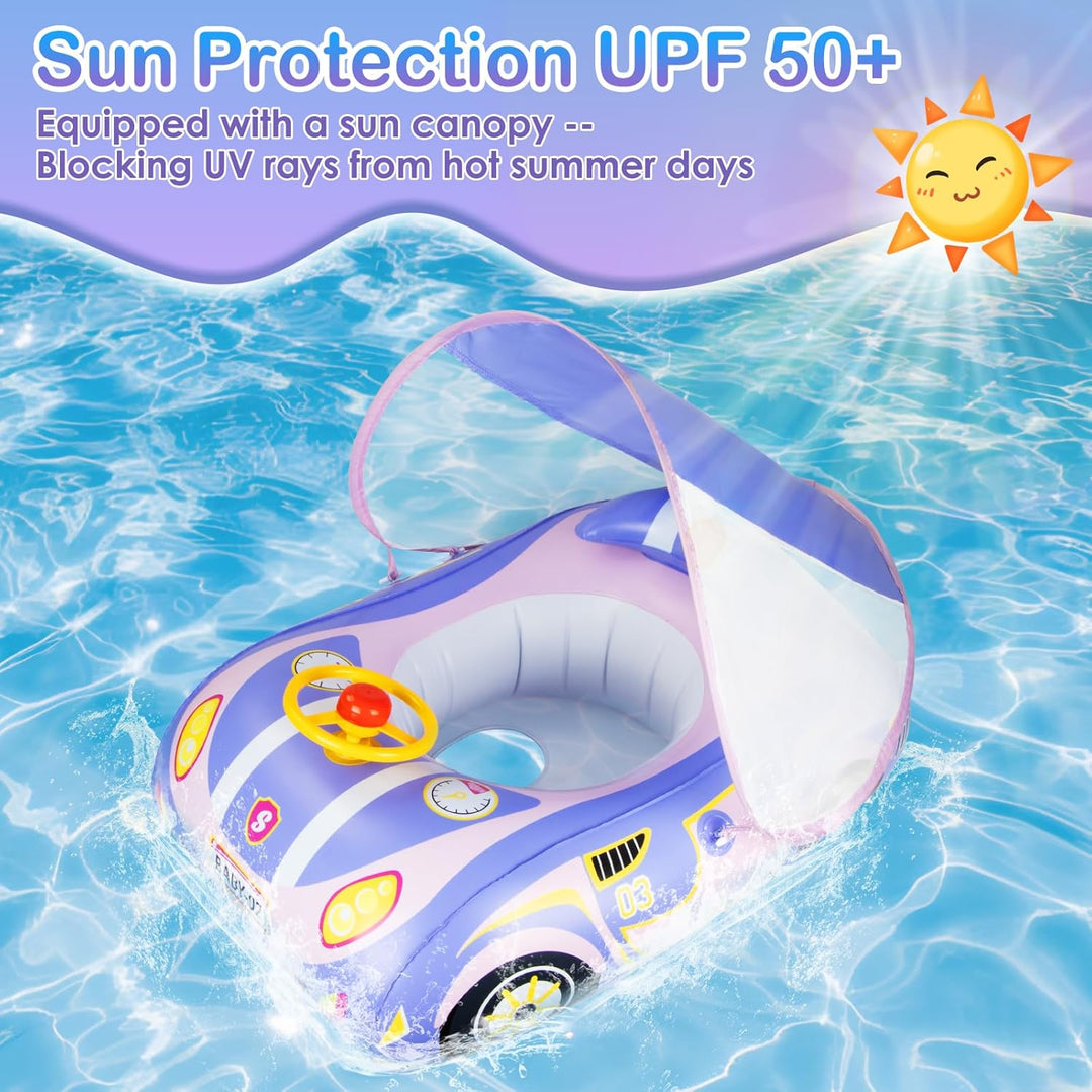 Olycism Baby Schwimmring mit Sonnendach UPF50+ & Spielzeug Spielen Lenkrad Kinderboot Babyschwimmrei