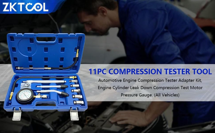 ZKTOOL 11 Stück Auto Kompressionstester-Satz für Benzinmotor 0-300 PSI / 0-20 Bar, Kfz Benzin Motor
