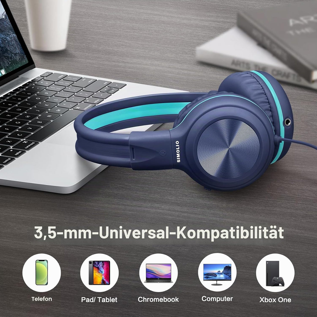 SIMOLIO Kabel Kopfhörer für Jugendliche mit Lautstärkeregler und MIC, Over Ear Kopfhörer mit 85dB 94