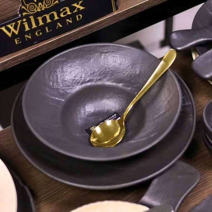 Wilmax | Tiefe Schalen - 2 Stück 22,5 cm / 1100 ml | Schwarze Pastateller | Natursteintextur | Für P