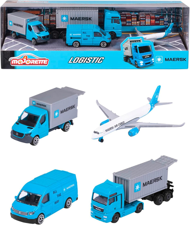 Majorette - Maersk Transport-Fahrzeuge (Geschenkset) - 4 Modellfahrzeuge aus Metall (Man Truck, Merc