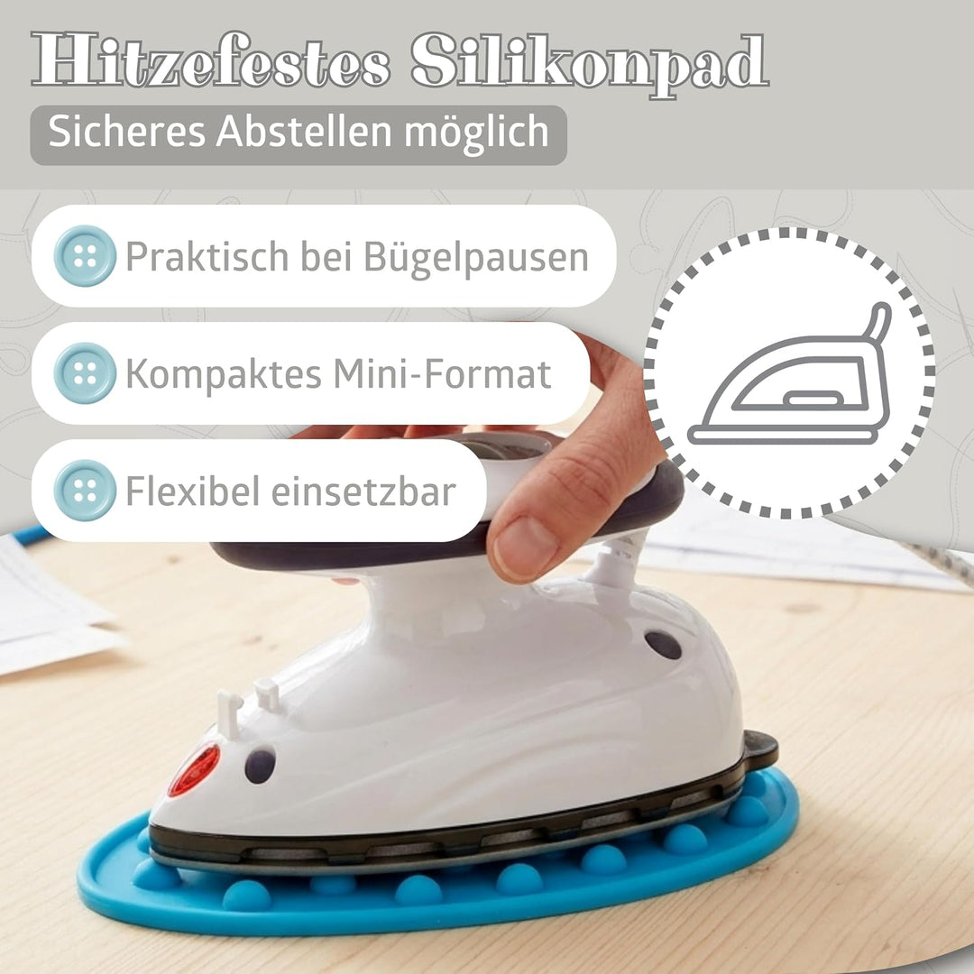 Prym Mini Dampf Bügeleisen mit SEMPLIX Silikon Ablage (türkis), Kleines Leichtes Dampf Bügeleisen Fü