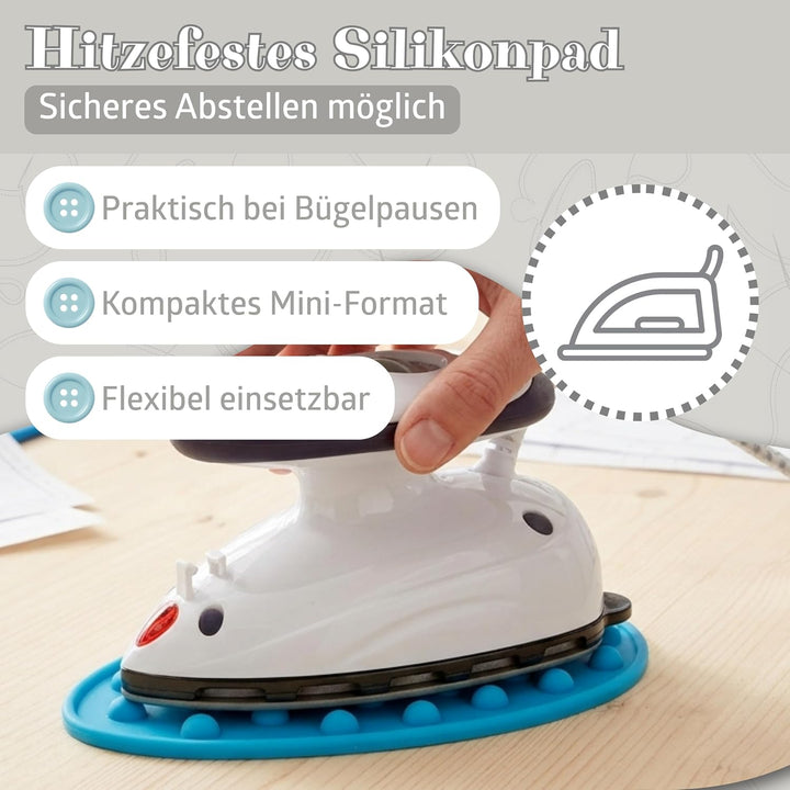 Prym Mini Dampf Bügeleisen mit SEMPLIX Silikon Ablage (türkis), Kleines Leichtes Dampf Bügeleisen Fü