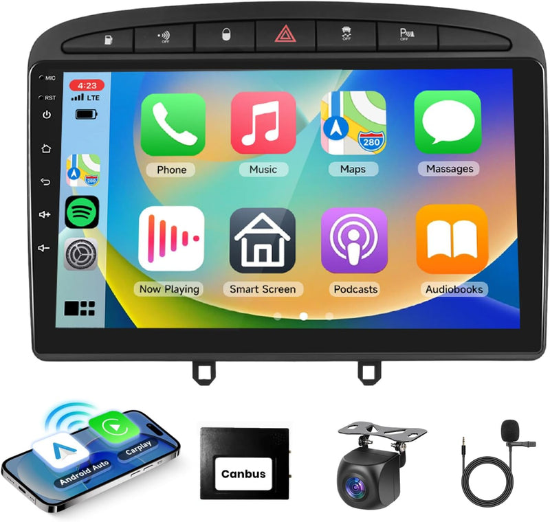 Podofo Android Autoradio für Peugeot 308 408 2010-2013, 9" Touchscreen Carplay Android Auto WiFi Blu