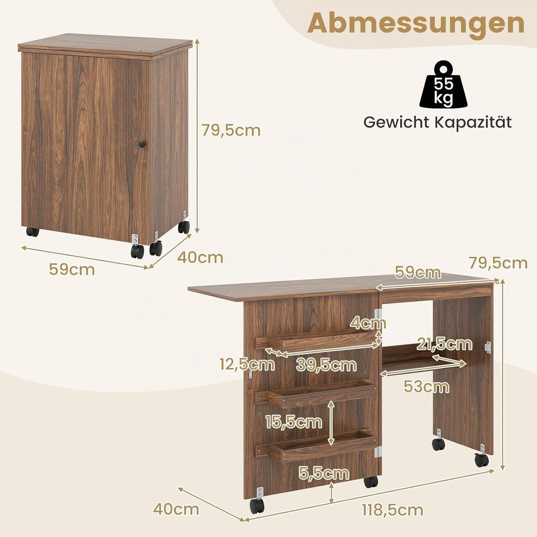 COSTWAY 2 in 1 Nähschrank & Schreibtisch klappbar, Nähtisch aus Holz mit 3 Einlegeböden für Spulen &