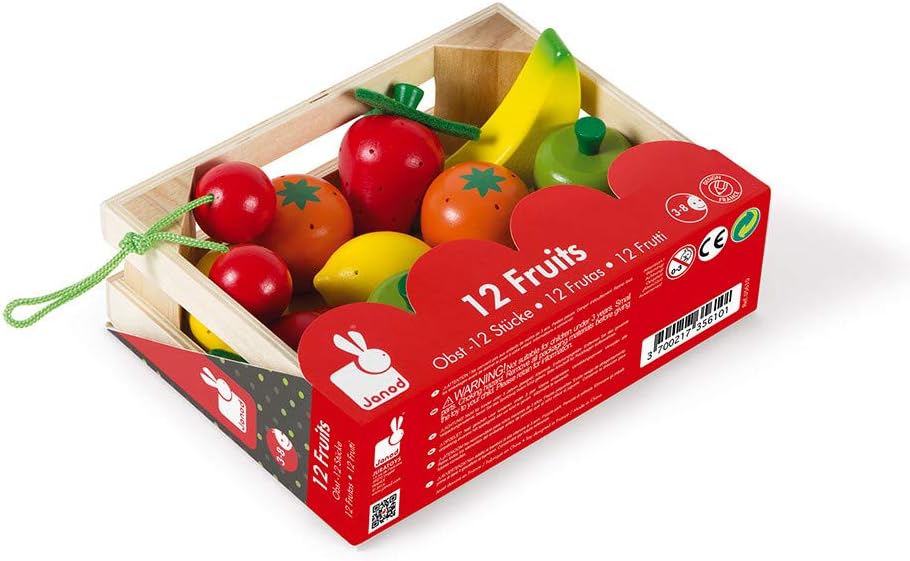 Janod - Obstkiste mit 12 Holzfrüchten, Puppen-Teeküche, Küchenset, Kaufladen-Zubehör, Spielzeugnachb