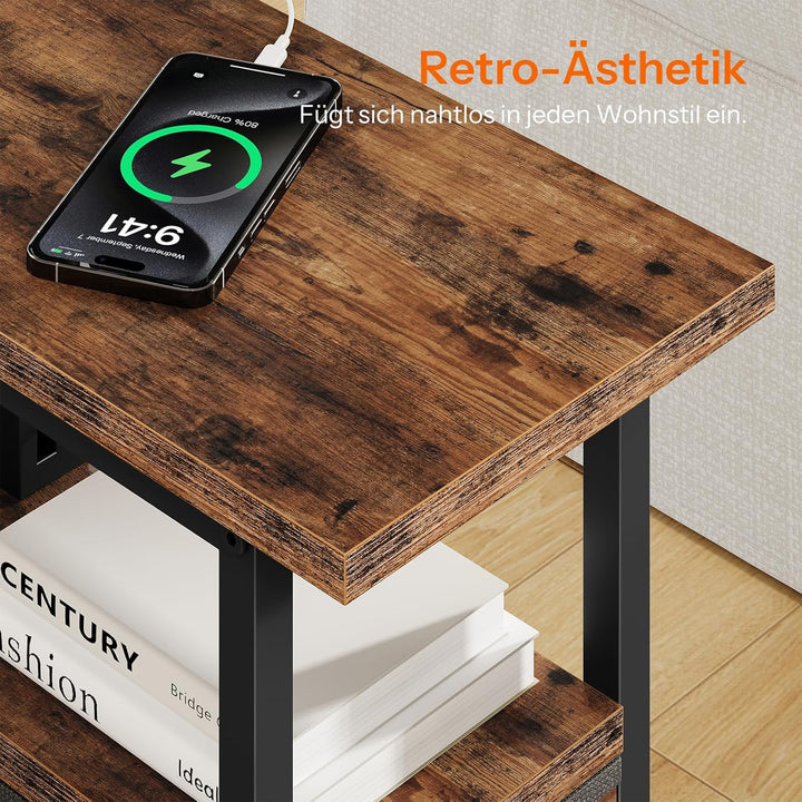 HOOBRO Nachttisch mit Ladestation, 1 Standardsteckdose, 2 USB-Anschlüsse, schmaler Beistelltisch, 3