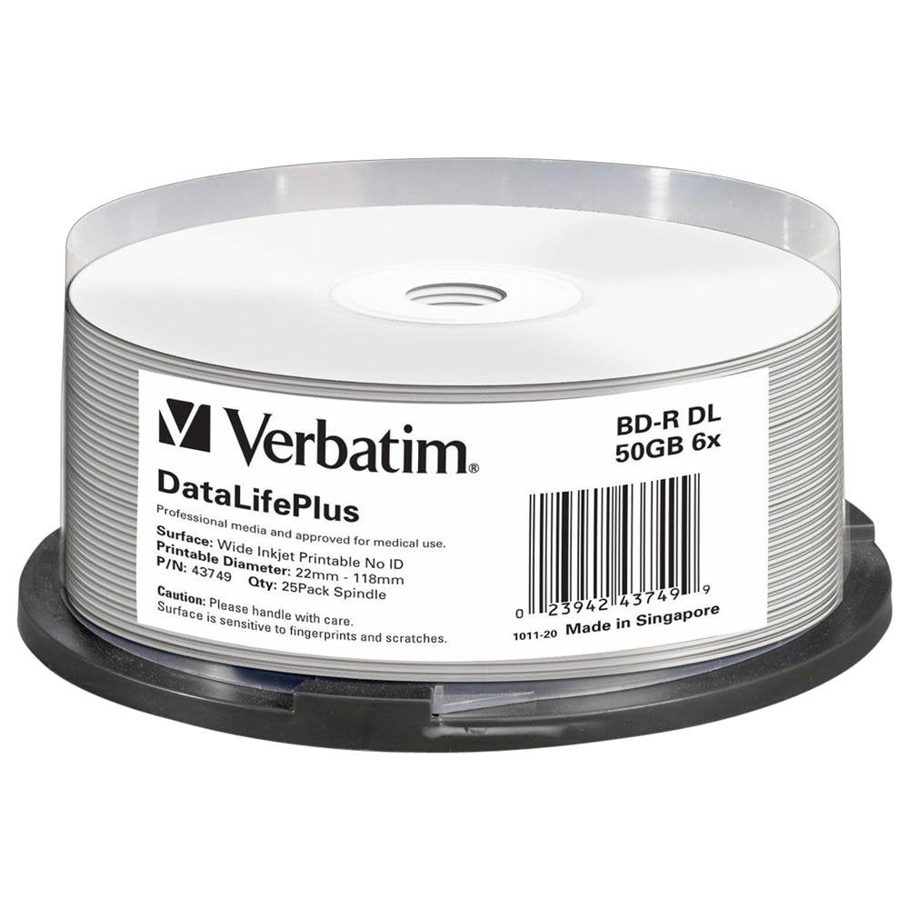 Verbatim BD-R DL Blu-ray Rohlinge 50 GB, Blu-ray-Disc mit 6-facher Schreibgeschwindigkeit, 25er-Pack