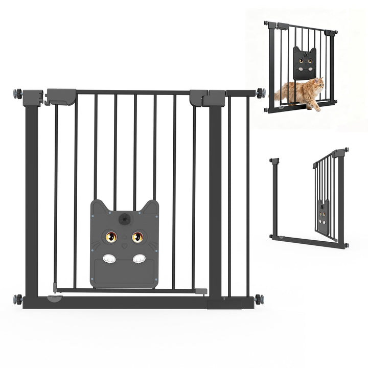 Türschutzgitter mit Katzenklappe ohne Bohre Absperrgitter Treppengitter Klemmgitter Schwarz 85–95cm