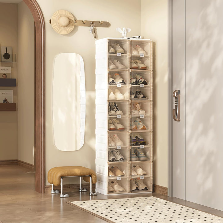 Transparente schuhregal,schuhboxen stapelbar Braun, mit magnetischer Tür, für Stöckelschuhe, Stiefel