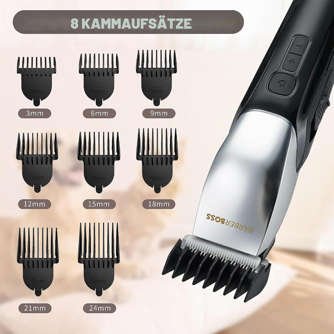BarberBoss Hundefriseur mit 8 Kammaufsätzen, schlankes Design mit 4 Geschwindigkeitsstufen, 100% was