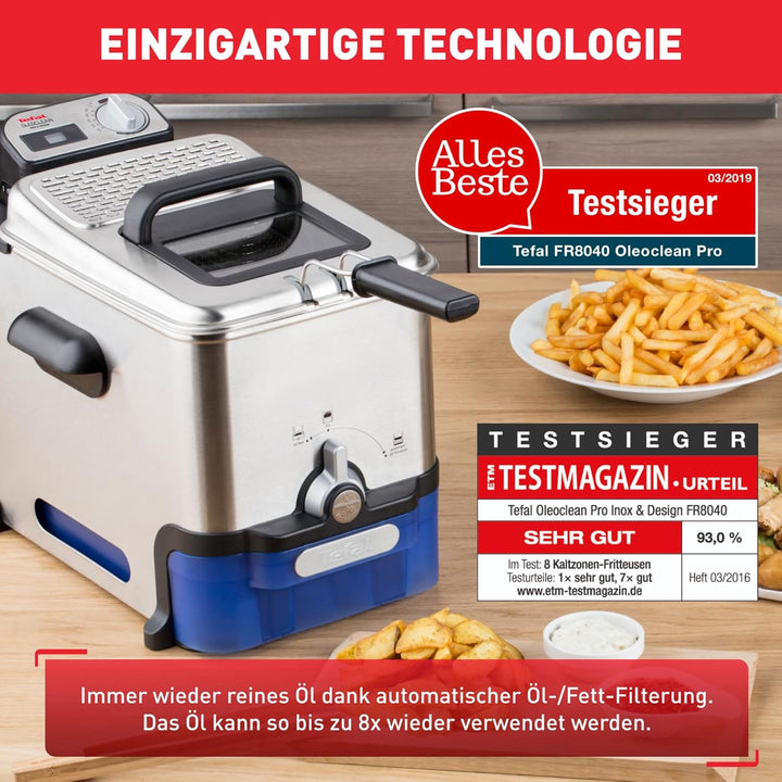 Tefal FR8040 Oleoclean Pro Inox & Design Fritteuse | 2300W | Kapazität 1,2 Kg | Herausnehmbarer Ölbe
