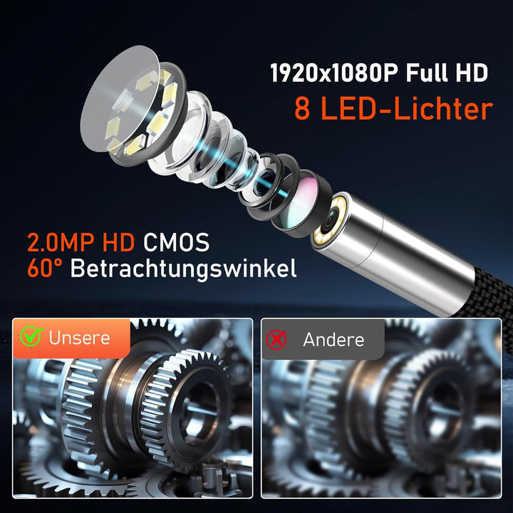 1080P Endoskopkamera Beweglicher Kopf, 5" LCD-Bildschirm Endoskopkamera mit Licht, 270° Drehbare End