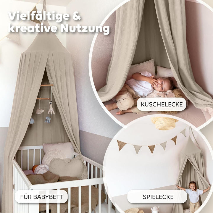 Baldachin Kinderzimmer mit Goldapplikation [in 12 Farben] Betthimmel aus 100% Baumwolle Musselin Mäd