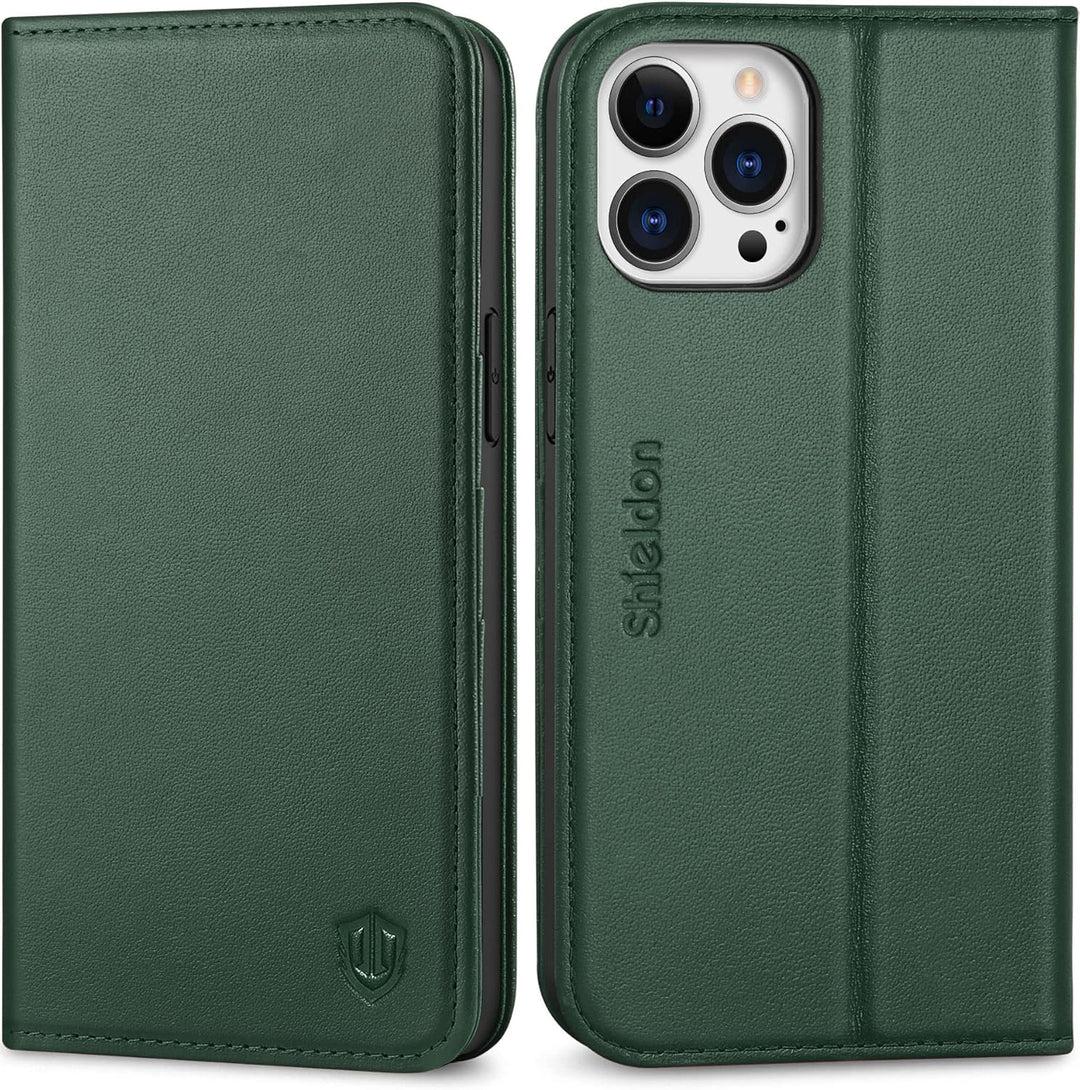 SHIELDON Hülle für iPhone 13 Pro Max Lederhülle [Echtleder] [RFID-Sperre] [Kartenfach] [Magnet] TPU