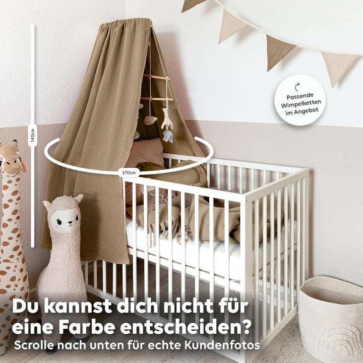 Betthimmel Babybett mit Goldapplikationen [in 12 Farben] Himmel Babybett aus 100% Baumwolle Musselin