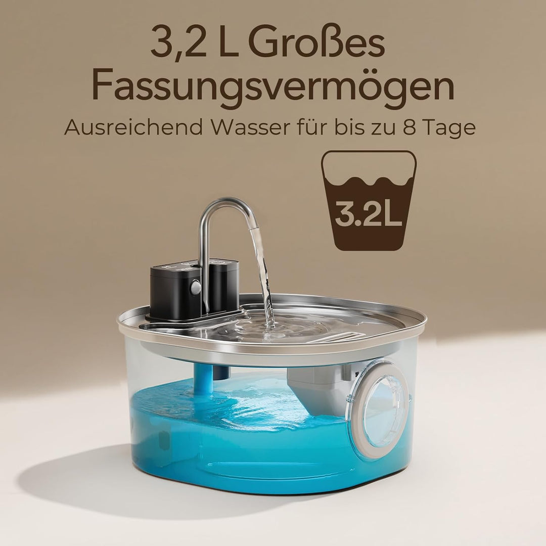 Voluas Edelstahl Katzenbrunnen - Drahtloser Haustierbrunnen mit Batteriebetrieb, 108oz/3,2L, Automat