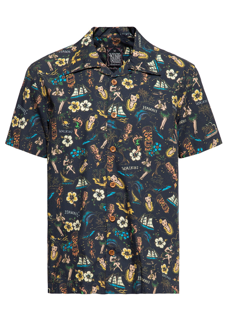 King Kerosin Herren Hemd Alloverprint Printhemd Hawaiian Shirt Kurzarm Hawaiihemd Kurzarm-Hemd Tropi