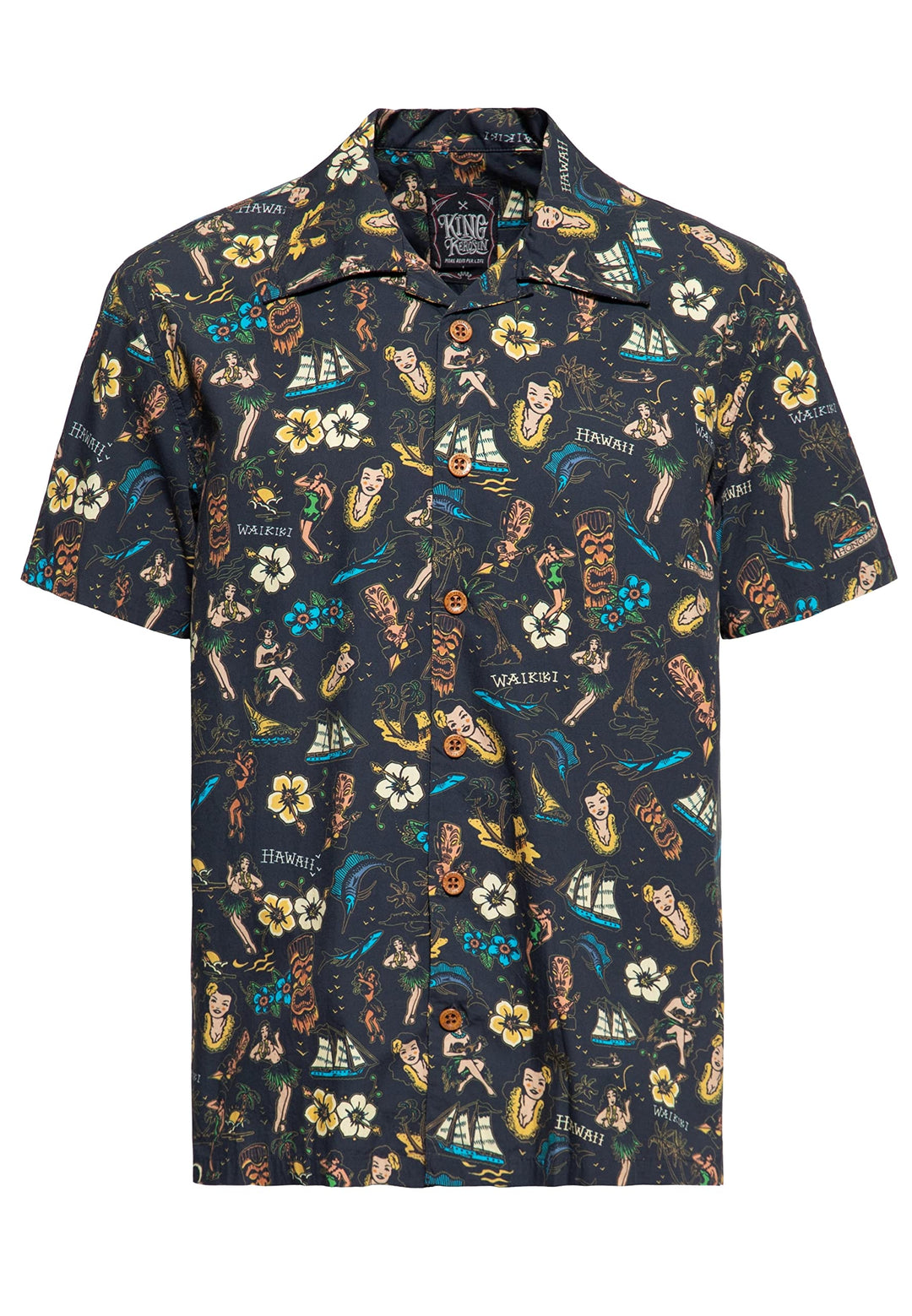 King Kerosin Herren Hemd Alloverprint Printhemd Hawaiian Shirt Kurzarm Hawaiihemd Kurzarm-Hemd Tropi