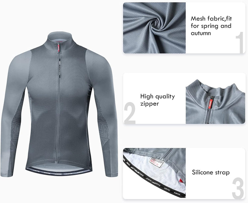Fahrradtrikot Herren Langarm Radtrikot Winter Fahrradshirt Herren Atmungsaktiv mit Taschen, Grau