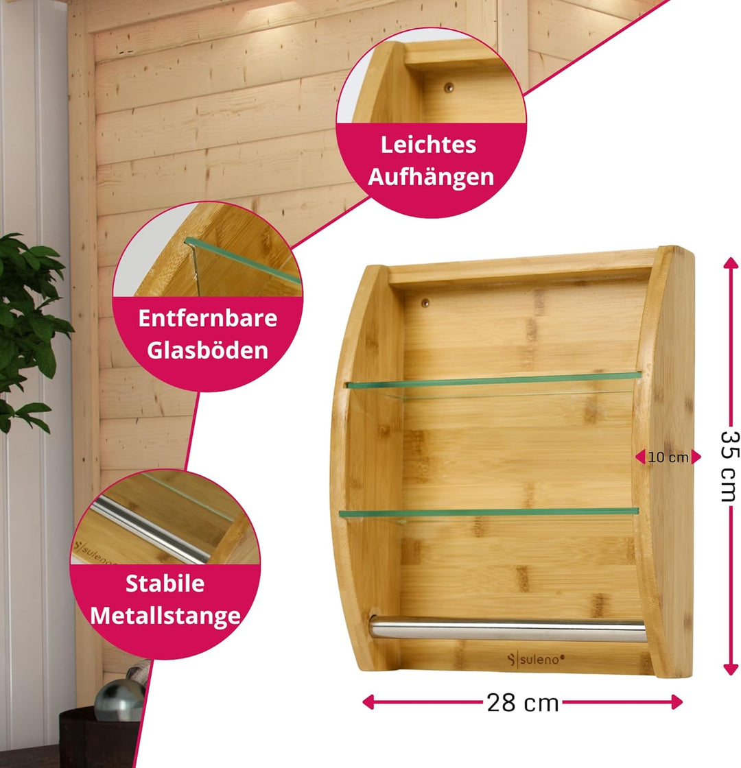 Suleno Sauna Regal aus Nadelholz mit 2 Glaseinlegeböden und Handtuchhalter – Wandregal Sauna Zubehör