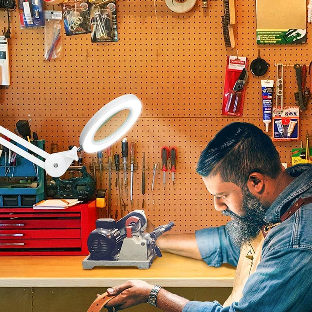 Beyamz LED Lupenleuchte, Arbeitsplatzlampe, 5 Dioptrien Lupe mit Licht - mit Klemme, Schwenkarm, Dim