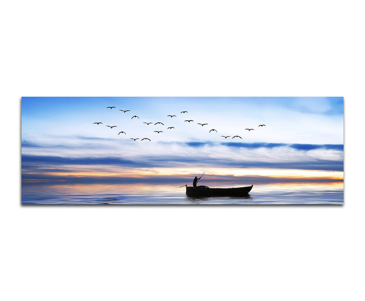Paul Sinus Art Panoramabild auf Leinwand und Keilrahmen 150x50cm Meer Steg Möwen Fischerboot Morgenr