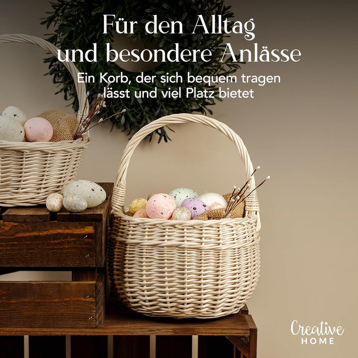 Creative Home Kleiner Weidenkorb Henkel Weiss Rund | Klein 22 x 22 x 26 cm (+/- 2 cm) | Handgeflocht
