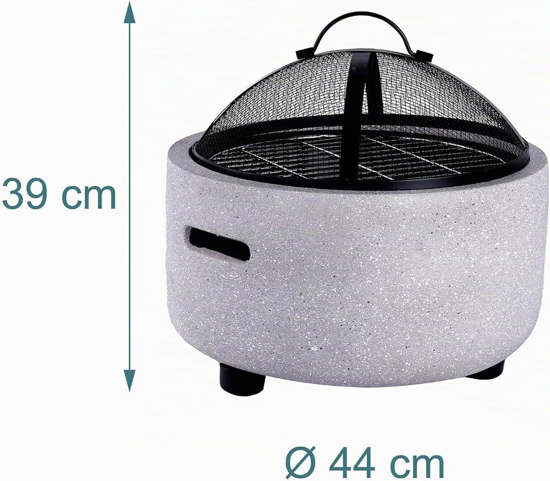 Relaxdays Feuerschale, Ø Schale 44 cm, Funkenschutz, Schürhaken, Steinoptik, Stahl, Feuerstelle Gart