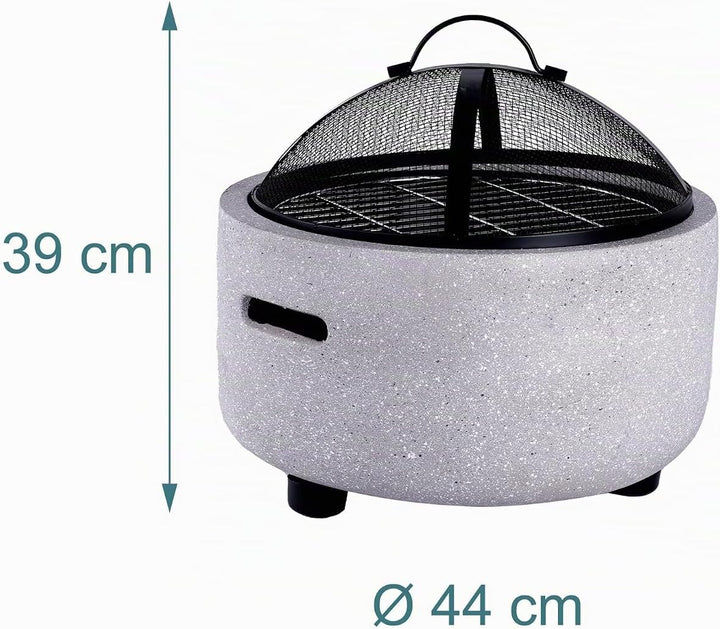 Relaxdays Feuerschale, Ø Schale 44 cm, Funkenschutz, Schürhaken, Steinoptik, Stahl, Feuerstelle Gart