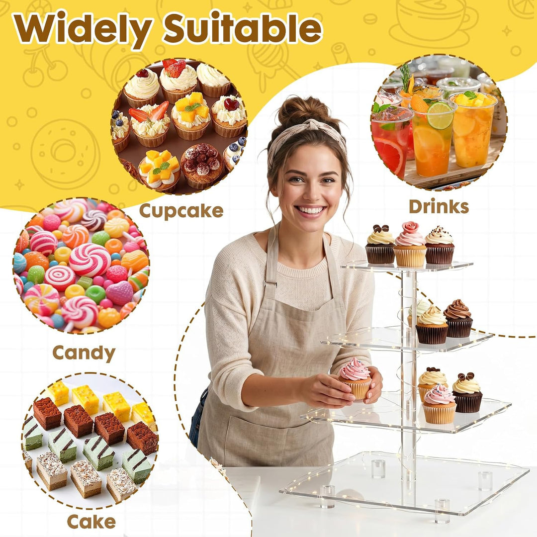 powerking 4 Tier Cupcake Stand，Acrylic Square Cake Holder Tree Tower with LED String Light，Clear Des