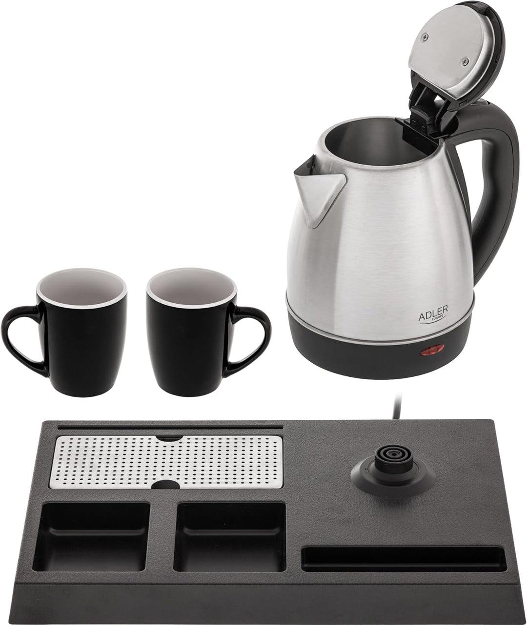 Adler Wasserkocher Set Edelstahl 1,2L mit Tablett & 2 Tassen | Kompakte Teestation & Kaffeebar für H
