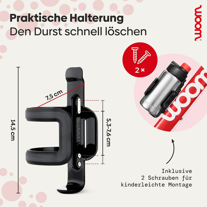 woom GLUG Edelstahlflasche mit Flaschenhalter, Trinkflasche für Kinder, Fahrradflasche, 500 ml, Ausl