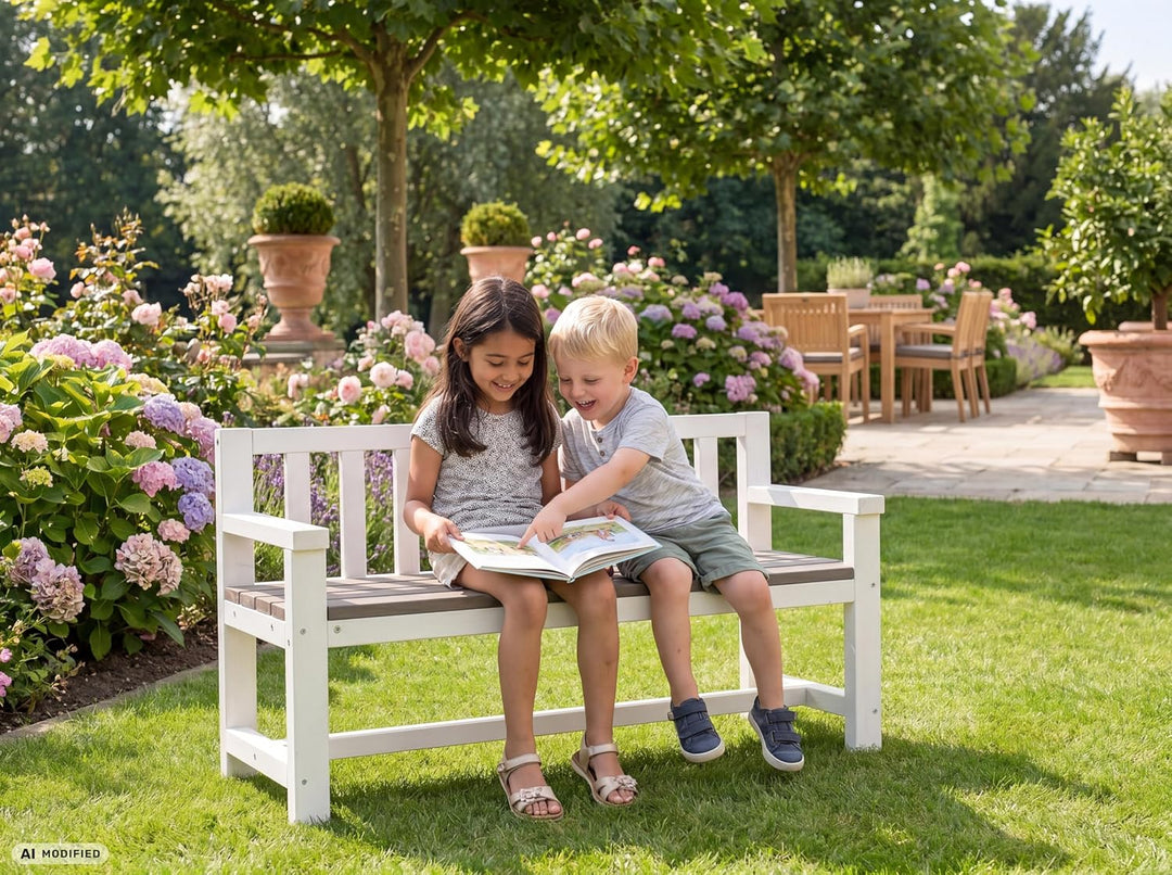 Design Kinder-Gartenbank aus Holz wetterfest mit Textil-Abdeckung und Lehne, 2-Sitzer Kinderbank Hol