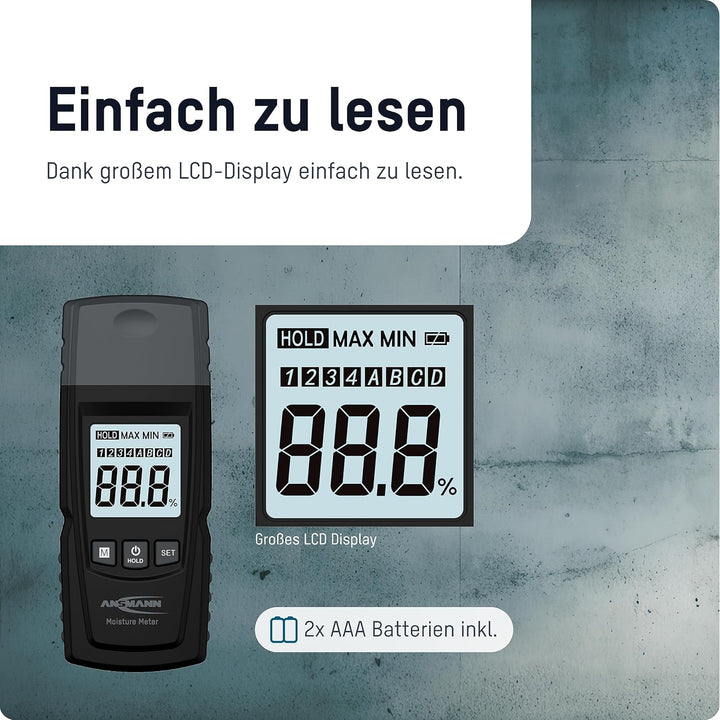 ANSMANN Feuchtigkeitsmessgerät mit grossem LCD-Display, einfache Auswahl von 4 Holzgruppen oder 4 Ba