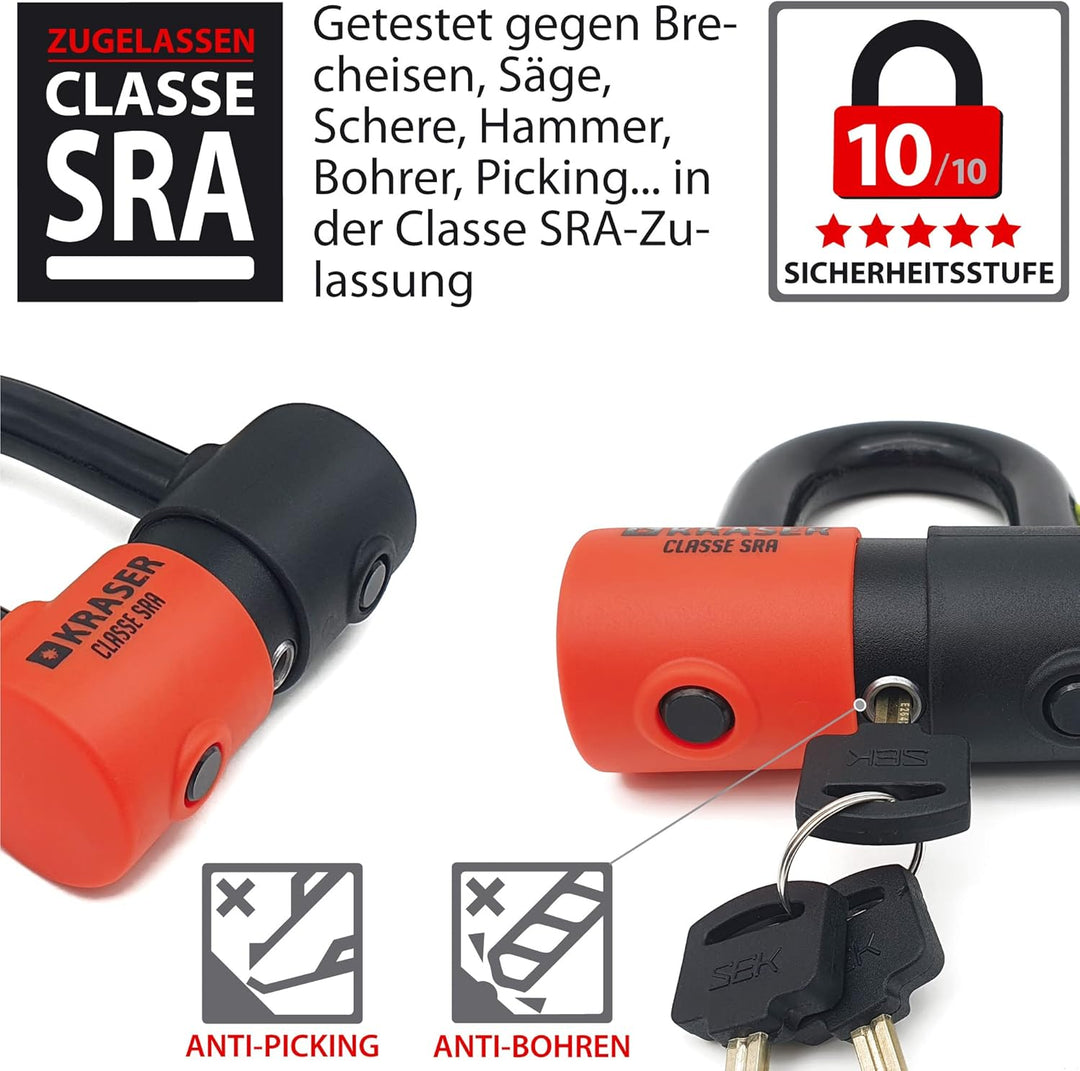 KRASER KR50+120L Motorradkette Diebstahlsicherung + Vorhängeschloss SRA Homologierte Anti-Diebstahl-