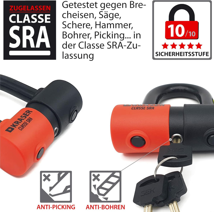 KRASER KR50+120L Motorradkette Diebstahlsicherung + Vorhängeschloss SRA Homologierte Anti-Diebstahl-
